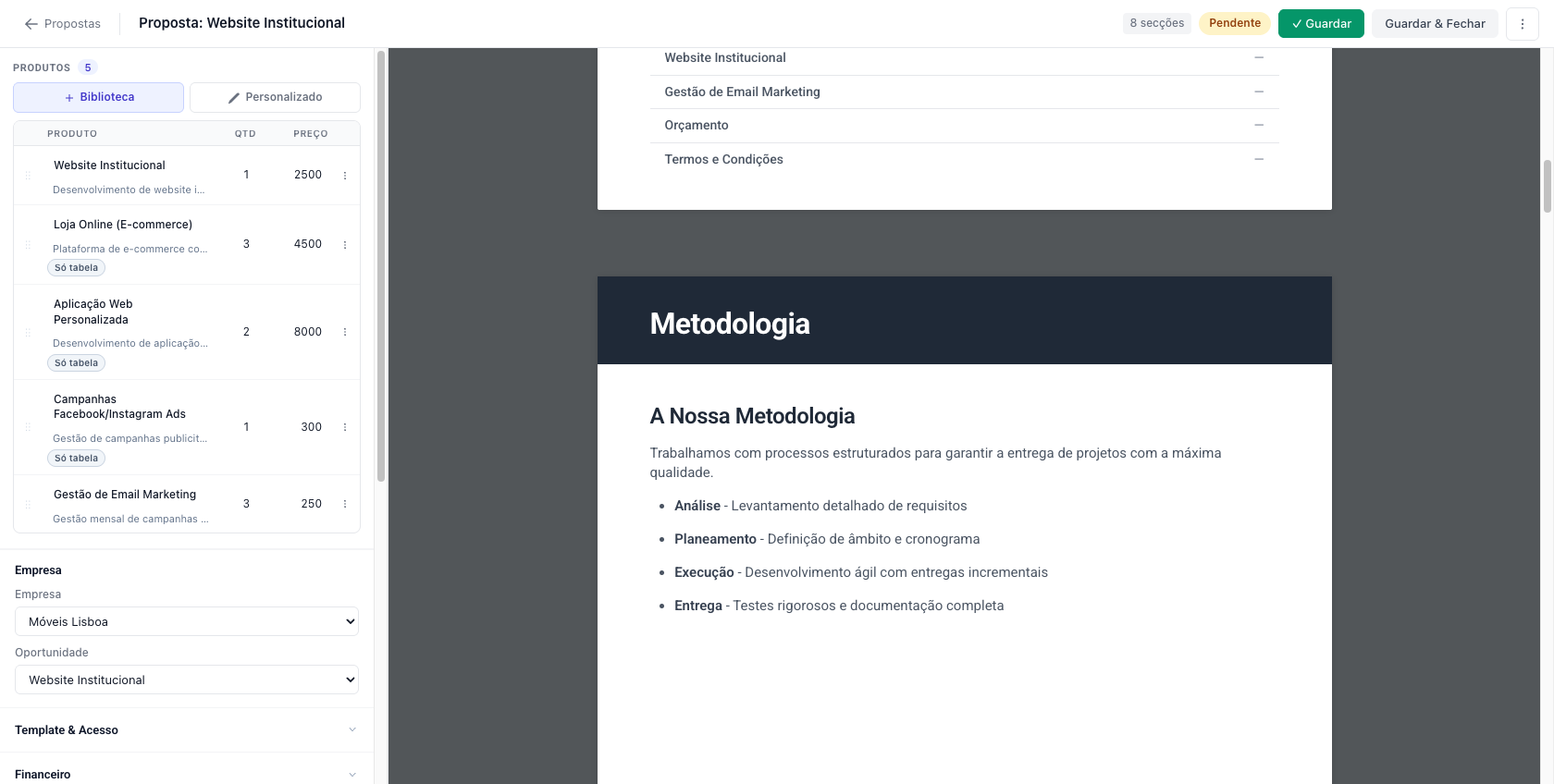 Construtor de propostas do ModPro — secções modulares do documento e catálogo de produtos