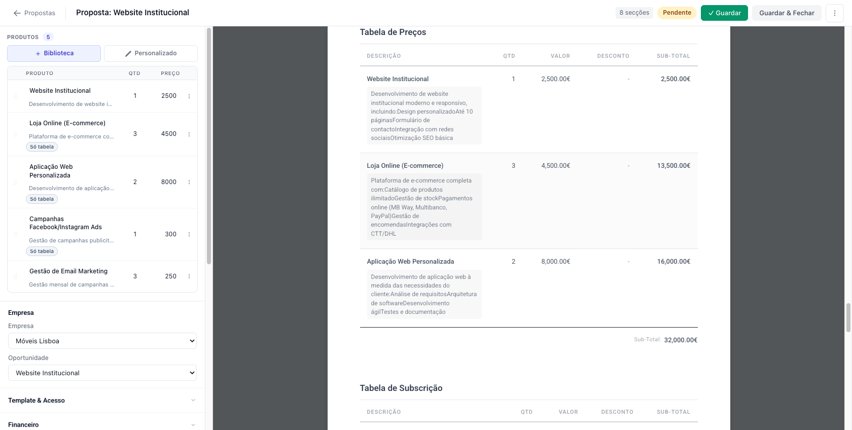 Construtor de propostas do ModPro — produtos, orçamento e tabela de preços com cálculos automáticos